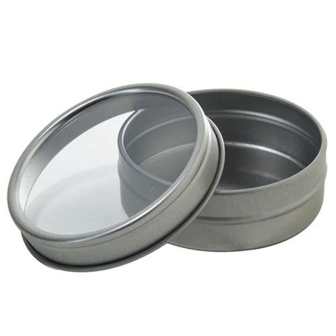 Silver Metal Tin Containers with Tight Sealed Clear Lids - 2 oz