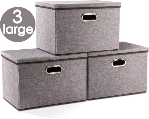 Amazon.com - Prandom Large Collapsible Storage Bins with Lids [3-Pack] Linen Fabric Foldable ...