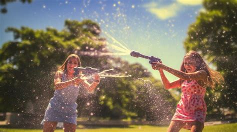 Premium AI Image | A Photo of Fun Water Gun Fight on a Hot Summer Day