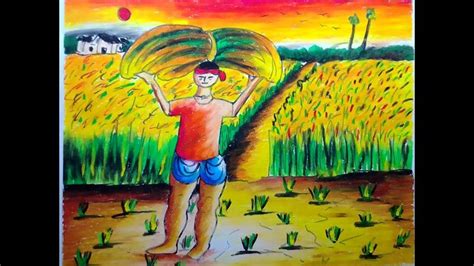 farmer working in the field drawing /how to draw a farmer working in a f... | Village drawing ...