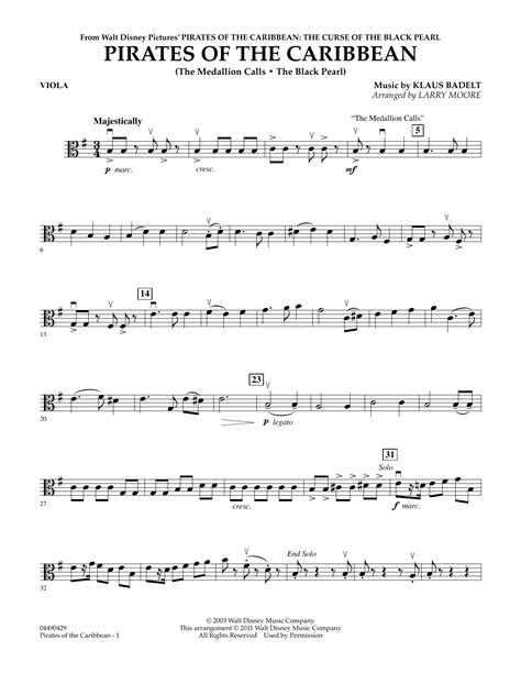 Pirates of the Caribbean - Viola by Larry Moore Sheet Music for String ...