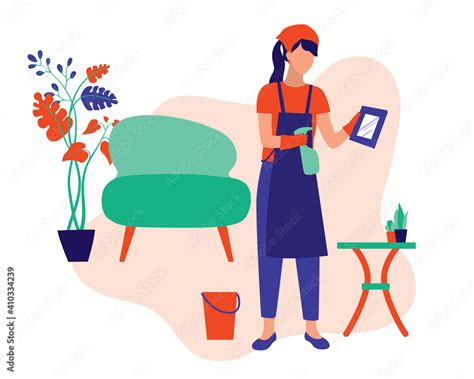 Young Woman In Apron Cleaning House. House Cleaning Services Or Household Chores Concept. Vector ...