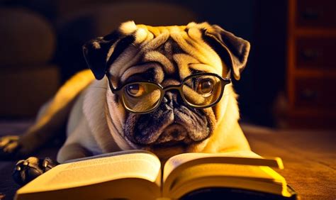 Premium AI Image | A pug dog with glasses reading a book