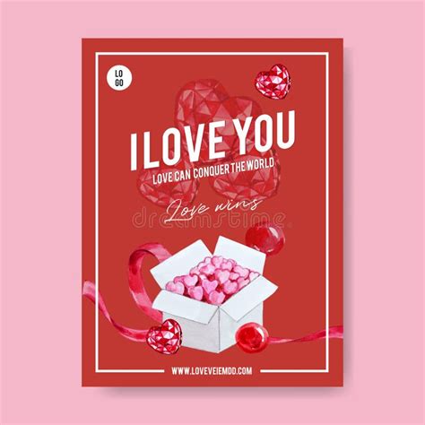 Love Poster Design with Ribbon, Heart Watercolor Illustration Stock ...