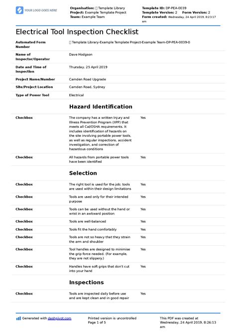 Electrical Tool Inspection Checklist (Free to use and customisable)