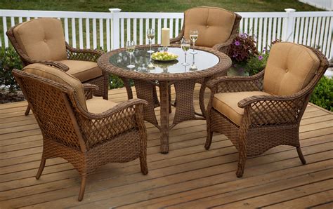 Apricity Outdoor Veranda--Agio 5 Piece Outdoor Dining Set with Tan Woven Glass Top Round Table ...