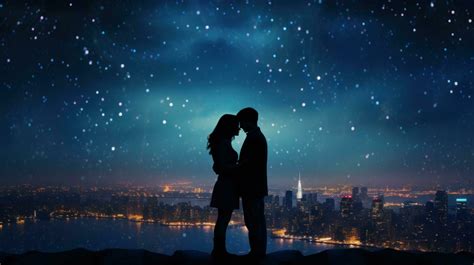 A Romantic Scene with a Couple Against a Night City Background ...