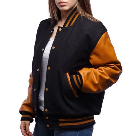 Varsity Base Women Jacket Black Wool Body Old Gold Leather Sleeves ...