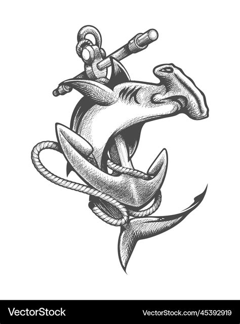 Hammerhead shark and ship anchor tattoo Royalty Free Vector