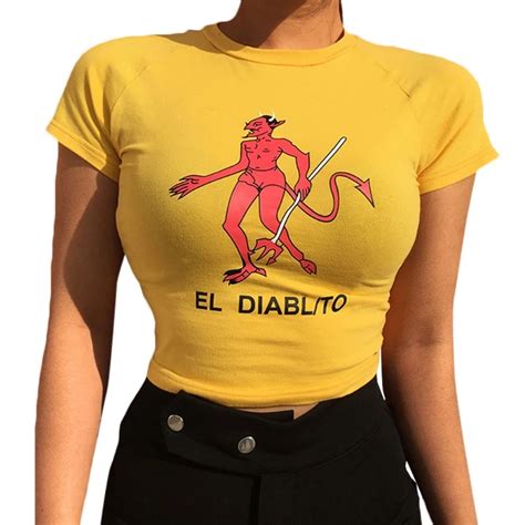 Aliexpress.com : Buy Sexy Slim Cropped T Shirt Women Cartoon Print Yellow Knitted T shirt Devil ...