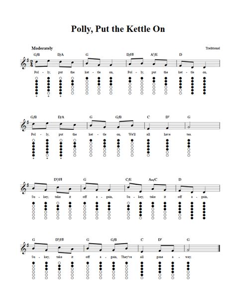 Polly Put the Kettle On - Tin Whistle Sheet Music and Tab with Chords and Lyrics