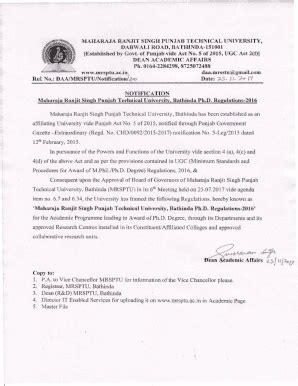 Fillable Online Maharaja Ranjit Singh Punjab Technical University Bathinda Fax Email Print ...