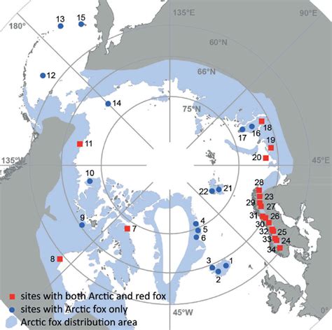 Study sites of the 34 Arctic fox monitoring projects described in this ...