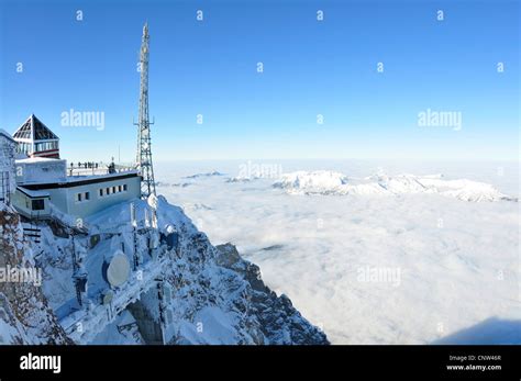 Zugspitze in winter, weather station, panorama view, Germany, Bavaria ...