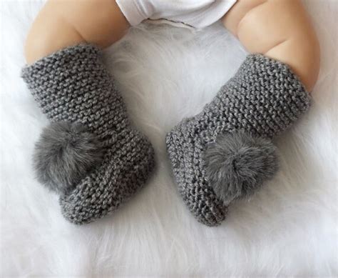 Booties with pom poms Knitted baby booties Gray Baby