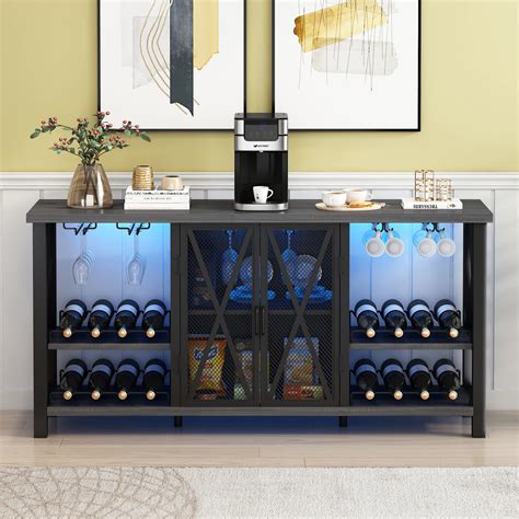 Buy O&K FURNITURE Wine Bar Cabinet for Liquor and Glass with Storage & LED Lights, Rustic Metal ...