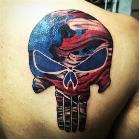 American Flag Skull Tattoo On Back Shoulder