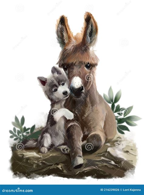 Husky Puppy Hugs Donkey. Watercolor Drawing Stock Photo - Image of ...