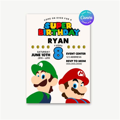 Mario Invitation Super Mario Birthday Super Mario Brothers - Etsy