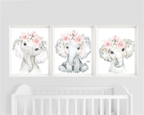 Set of 3 elephant prints nursery decor girl floral elephant nursery wall decor elephant nursery ...