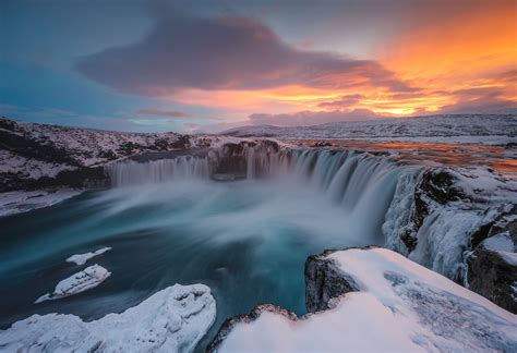 Evening Light in Goðafoss - Goðafoss flowing under a spectacular sunset - Iceland