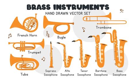 Brass instruments vector set. Simple cute trumpet, bugle, trombone ...