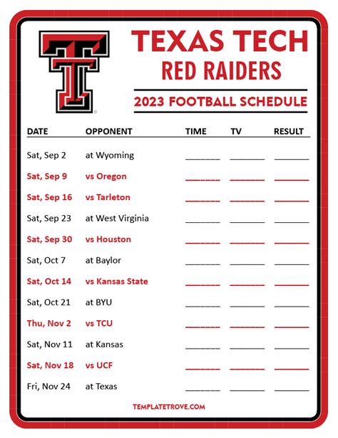 Printable 2023 Texas Tech Red Raiders Football Schedule