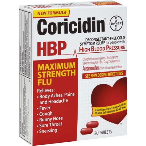 Coricidin HBP Cold Symptom Relief, Maximum Strength Flu, Decongestant-Free, Tablets | Cough ...