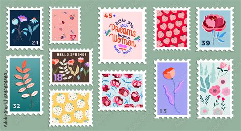 Set of beautiful hand-drawn post stamps. Variety of modern vector ...