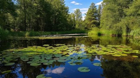 Premium AI Image | A pond with lily pads in the water