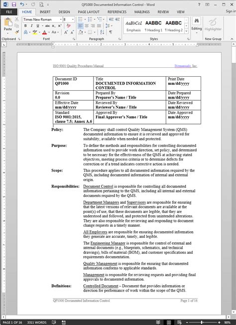 Iso 9001 Standard Operating Procedure Template