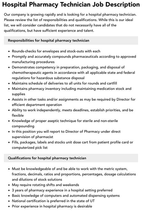 Hospital Pharmacy Technician Job Description | Velvet Jobs