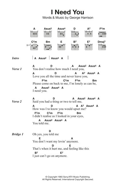 I Need You by The Beatles Sheet Music for Guitar Chords/Lyrics at Sheet Music Direct