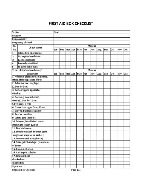 First Aid Box Checklist