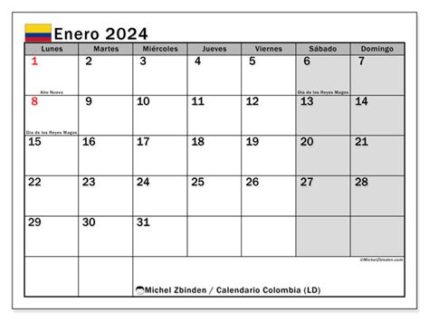 Calendario enero 2024 - Colombia - Michel Zbinden ES