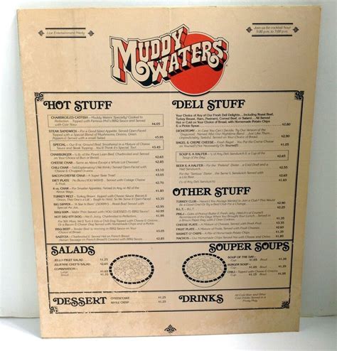 Vintage Muddy Waters Restaurant Menu from 1980s Soups Salads Desserts ...