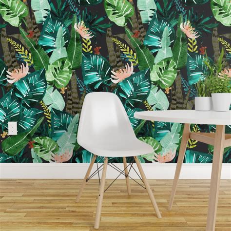 Peel & Stick Wallpaper 2FT Wide Tropical Dark Leaves Banana Leaf Jungle ...