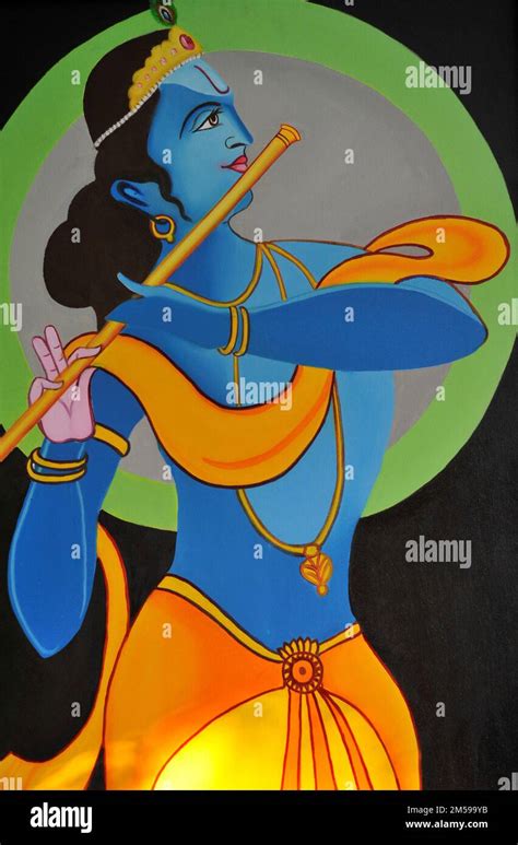 Lord Krishna playing flute artwork painting Stock Photo - Alamy