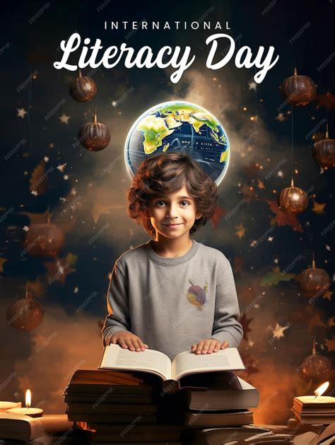 Premium PSD | International literacy day poster template with kid holding book background