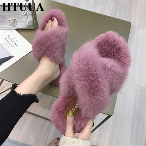 HTUUA Fashion Fluffy Fur Slippers Women Warm Plush Winter Slippers Flat Furry Slides Indoor ...