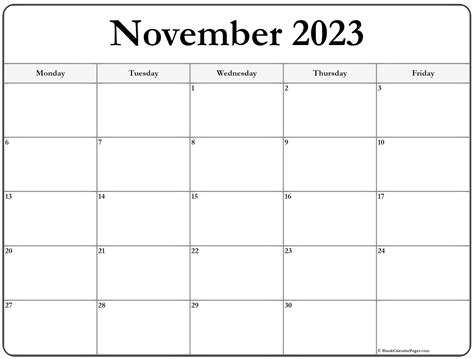 November 2023 Monday Calendar | Monday to Sunday