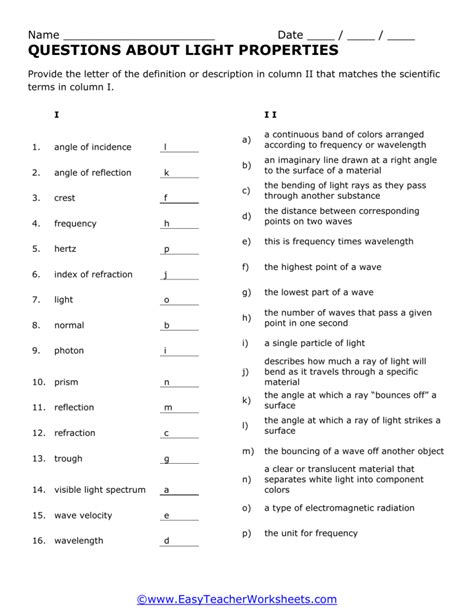 Properties Of Light Grade 4 Worksheets