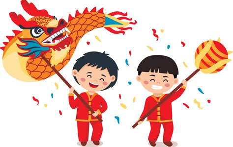 Chinese new year festival. Two little boys dancing Dragon dance 16240170 Vector Art at Vecteezy