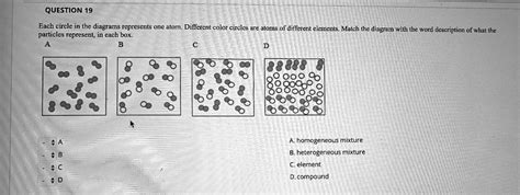 SOLVED: QUESTION 19 Each circle in the diagrams represents one atom. Different color circles are ...