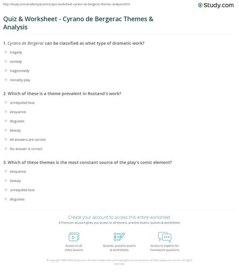 Quiz & Worksheet - Cyrano de Bergerac Themes & Analysis | Study.com