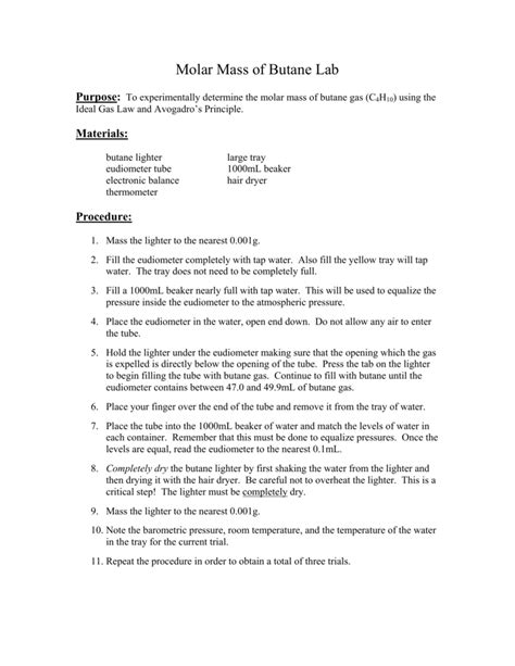 Molar Mass of Butane Lab