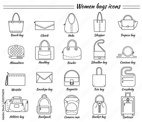 Set of 20 line icons. Different types of women bags. Beach, hobo, shopper, clutch, miniaudiere ...