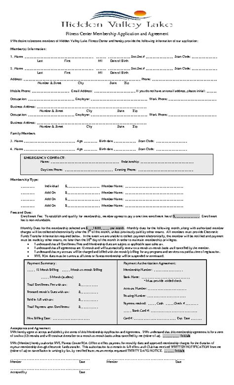 Gym Fitness Center Membership Application Contract Printable - PDFSimpli