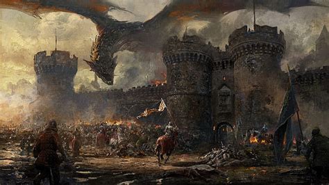 Dragon's attack, dragon, castle, medieval, art, fantasy, luminos, HD ...