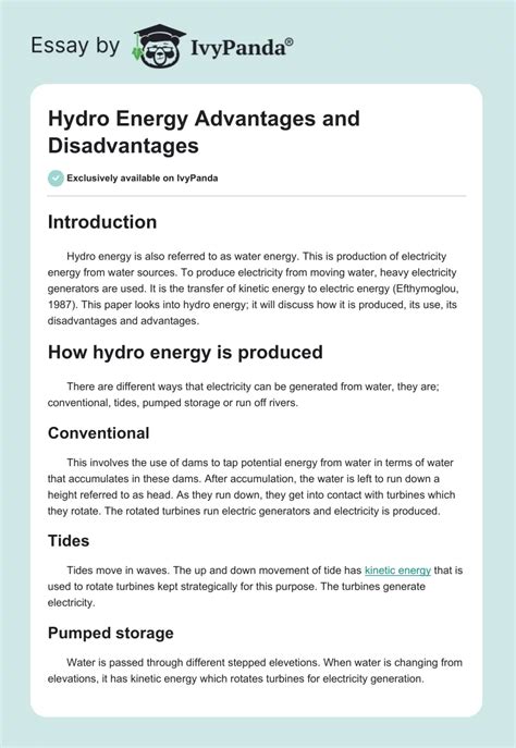 Hydro Energy Advantages and Disadvantages - 812 Words | Assessment Example